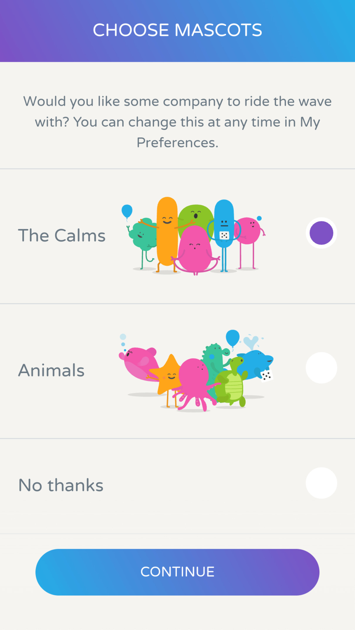 Calm Harmアプリのマスコット選択画面